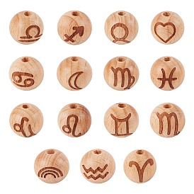 Wood Beads, Round with Constellation