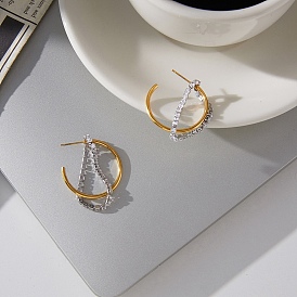 304 из нержавеющей стали серьги, c-образный, с цепочкой из кубического циркония и кисточкой