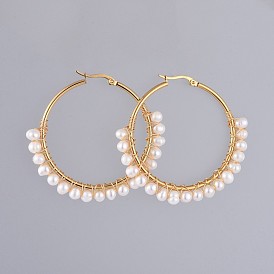 Hoop Earrings, with Natural Cultured Freshwater Pearl, Copper Wire, 304 Stainless Steel Hoop Earrings and Cardboard Packing Box