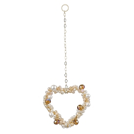 Heart Glass & Shell Pearl Beads Pendant Decorations, Brass Cable Chains Hanging Ornaments