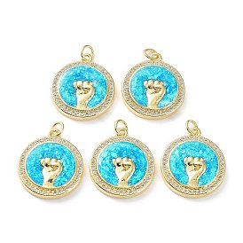Rack Plating Brass Micro Pave Cubic Zirconia Hand Pendants, Synthetic Opal Flat Round Charms with Jump Ring, Cadmium Free & Lead Free, Long-Lasting Plated, Real 18K Gold Plated