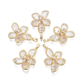 Brass Micro Pave Cubic Zirconia Pendants, with Glass, Nickel Free, Real 18k Gold Plated, Flower