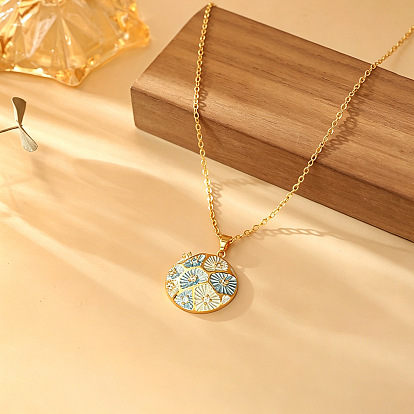 Brass Pave Clear Cubic Zirconia Enamel Textured Pendant Necklaces for Women, Golden