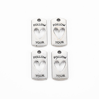 Tibetan Style Alloy Pendants, Cadmium Free & Lead Free, Rectangle with Heart & Word Follow Your