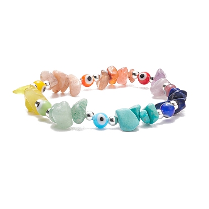 Natural & Synthetic Mixed Gemstone Chips Stretch Bracelet with Lampwork Evil Eye for Women
