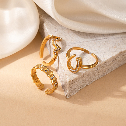 304 Stainless Steel & Crystal Rhinestone Cuff Open Rings, Golden