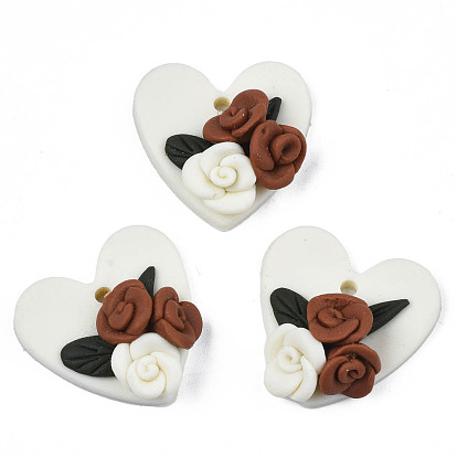 Handmade Polymer Clay Pendants, Heart with Rose Flower, for Valentine's Day