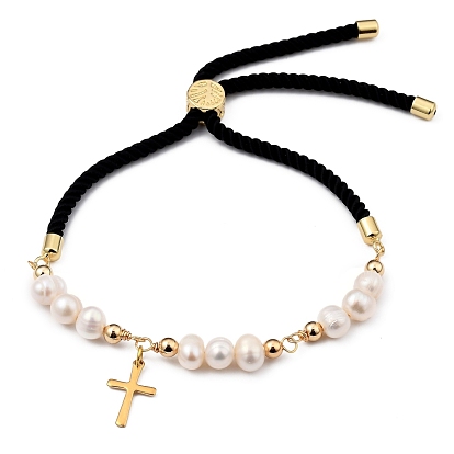 Adjustable Nylon Cord Slider Bracelets, Bolo Bracelets, with Natural Pearl Beads, 304 Stainless Steel Cross Charms and Brass Beads