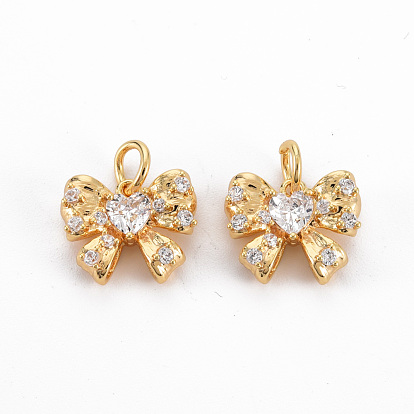Brass Clear Cubic Zirconia Charms, Nickel Free, with Jump Rings, Bowknot