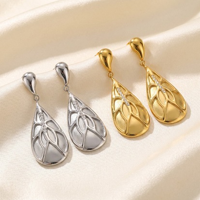 304 Stainless Steel Rhinestone Teardrop Stud Dangle Earrings for Women