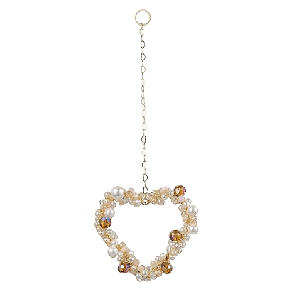 Heart Glass & Shell Pearl Beads Pendant Decorations, Brass Cable Chains Hanging Ornaments