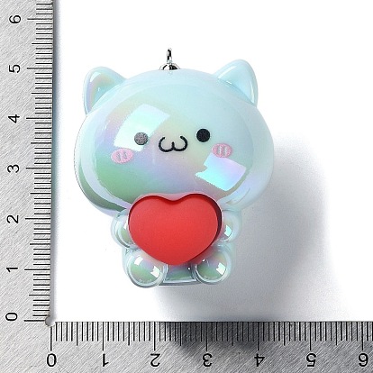 Acrylic Pendants, Cat Shape with Silicone Heart Charms, with Iron Loops