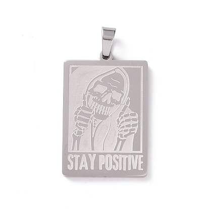 Pendentifs en acier inoxydable, rectangle avec crâne et mot rester positif