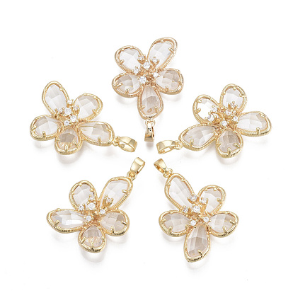 Brass Micro Pave Cubic Zirconia Pendants, with Glass, Nickel Free, Real 18k Gold Plated, Flower