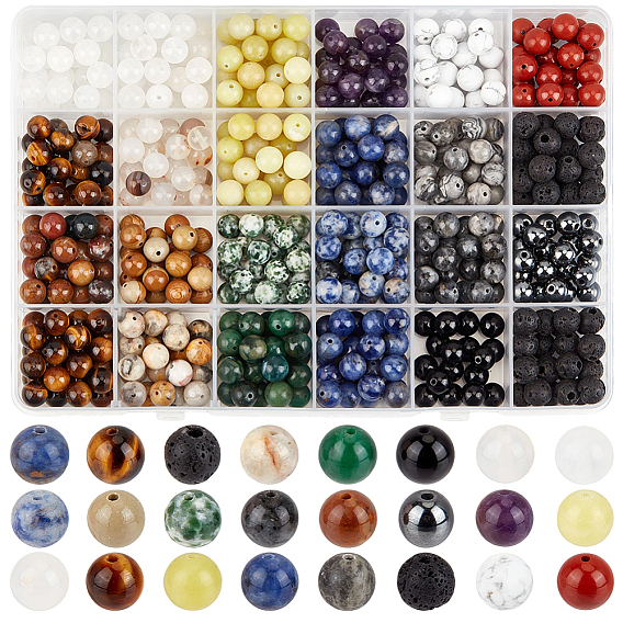 600pcs 24 styles de perles de pierres précieuses naturelles et synthétiques mélangées, ronde, mélangé teint et non teint