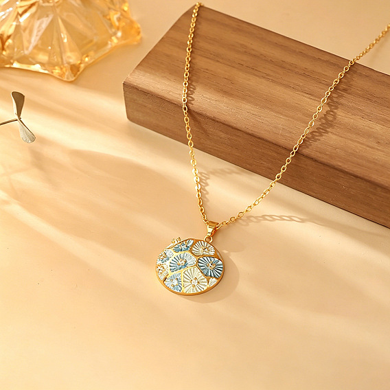 Brass Pave Clear Cubic Zirconia Enamel Textured Pendant Necklaces for Women, Golden