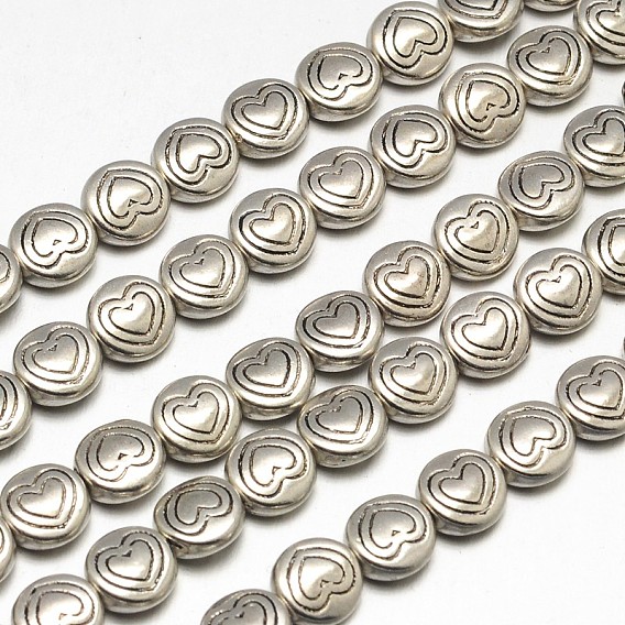 Tibetan Style Flat Round with Heart Alloy Bead Strands, Lead Free & Cadmium Free & Nickel Free, 6.5x3mm, Hole: 1mm, about 33pcs/strand, 8 inch