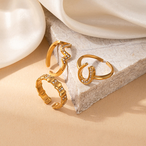 304 Stainless Steel & Crystal Rhinestone Cuff Open Rings, Golden