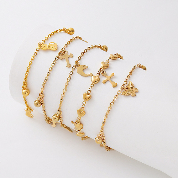 304 Tobilleras con dijes de acero inoxidable para mujer, dorado
