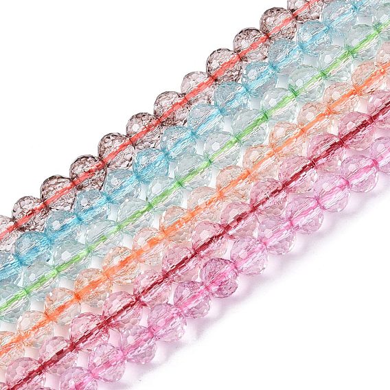 Прозрачные нити из окрашенных стеклянных бусин с эффектом омбре и эффектом кракелюра, круглые, граненый (96 граней)