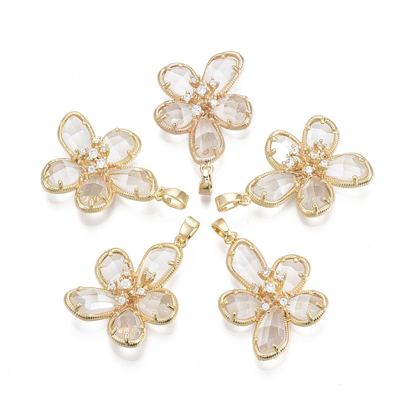 Brass Micro Pave Cubic Zirconia Pendants, with Glass, Nickel Free, Real 18k Gold Plated, Flower