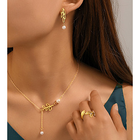 Лист 304 ожерелья из нержавеющей стали с пластиковыми жемчужинами, серьги-гвоздики и кольца