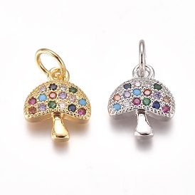 Brass Micro Pave Cubic Zirconia Charms, with Jump Rings, Mushroom