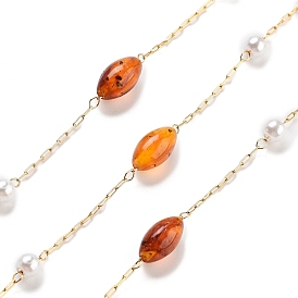 Handmade Amber & CCB Plastic Beaded Chains, with Ion Plating(IP) 304 Stainless Steel Paperclip Chains, Unwelded, Oval and Round
