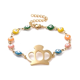 Vacuum Plating 304 Stainless Steel Crown Link Bracelet with Colorful Enamel Evil Eye Chains for Women