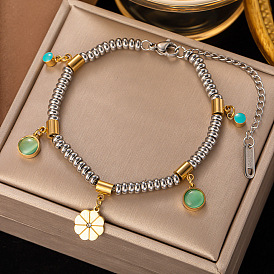Enamel Flower & Cat Eye Charm Bracelet with Beaded Chains, Titanium Steel Bracelet