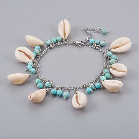 Cowrie Shell Charm Bracelets, with Synthetic Turquoise(Dyed) Beads and 304 Stainless Steel Findings