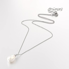 304 inoxydable coquille d'acier perle perles pendentifs, avec fermoir à ressort en acier inoxydable, 15.7 pouce (40 cm)