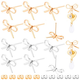 28Pcs 2 Colors Brass Stud Earring Findings, with Loop, Bowknot, Nickel Free, 28Pcs 2 Colors Brass Friction Ear Nuts