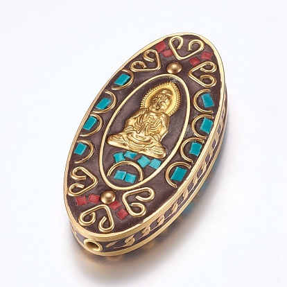 Handmade Indonesia Beads, with Brass Findings, Nickel Free, Oval with Guan Yin, Goddess of Mercy