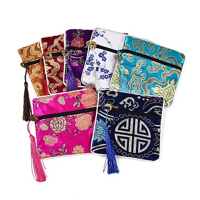 Китайские вышитые шелковые мешочки для украшений на молнии, с монет бисером & кисточка украшения, квадратный, смешанные узоры