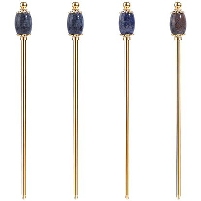 4Pcs 4 Styles Natural Sodalite & Natural Dragon Blood Jasper & Natural Indian Agate & Natural Larvikite & Brass Hair Sticks, Barrel