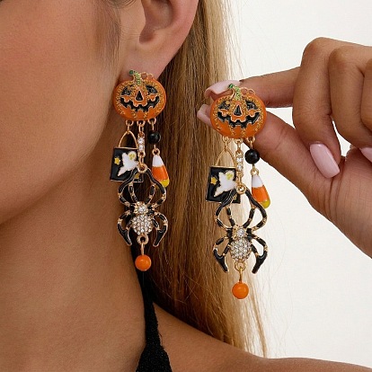 Halloween Alloy Enamel & Rhinestone Stud Dangle Earrings, Golden