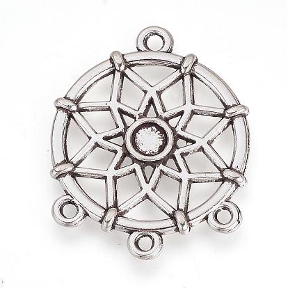 Tibetan Style Alloy Cabochon Connector Settings, Chandelier Components Links, Flat Round, Cadmium Free & Lead Free,, For Woven Net/Web with Feather Making