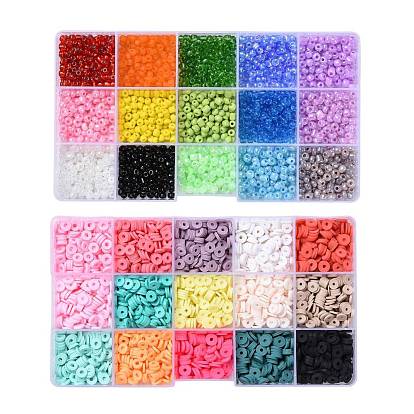 DIY Beads Jewelry Kits, Including Disc/Flat Round Handmade Polymer Clay Beads, Mixed Styles Glass Round Seed Beads