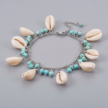 Cowrie Shell Charm Bracelets, with Synthetic Turquoise(Dyed) Beads and 304 Stainless Steel Findings