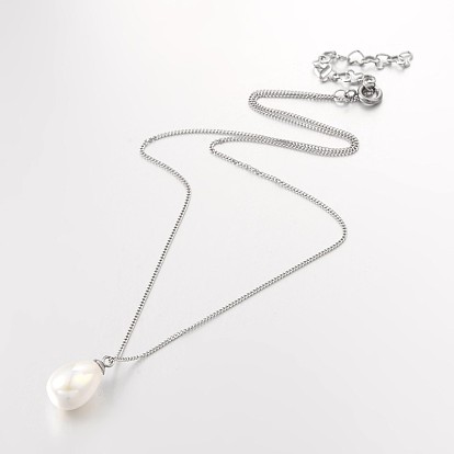 304 Stainless Steel Shell Pearl Beaded Pendant Necklaces, with Stainless Steel Spring Ring Clasps, 15.7 inch(40cm)