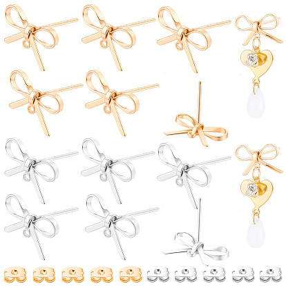 28Pcs 2 Colors Brass Stud Earring Findings, with Loop, Bowknot, Nickel Free, 28Pcs 2 Colors Brass Friction Ear Nuts