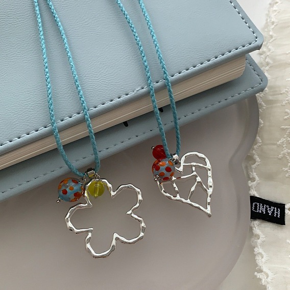 Alloy Glass Outline Pendant Cotton Cord Long Necklaces, Platinum, Light Blue