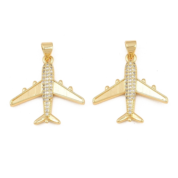 Brass Micro Pave Clear Cubic Zirconia Pendants, Airplane Charms, Long-Lasting Plated, Lead Free & Cadmium Free, Rack Plating