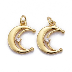 Brass Micro Pave Clear Cubic Zirconia Charms, Long-Lasting Plated, with Jump Rings, Moon