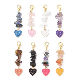 8 pièces 8 couleurs alliage émail cœur visage souriant et décorations pendentif en éclats de pierres précieuses naturelles et synthétiques, avec alliage de zinc homard fermoirs pince