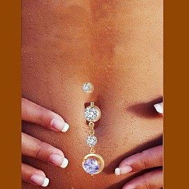 Piercing Jewelry, Brass Cubic Zirconia Navel Ring, Belly Rings, with 304 Stainless Steel Bar, Cadmium Free & Lead Free, Round