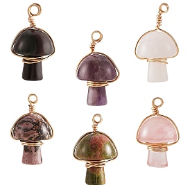 6 pcs 6 pendentifs de pierres précieuses mélangées naturelles de style, avec du vrai fil de cuivre écologique plaqué or k, champignons