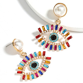 Vintage Alloy Pearl & Acrylic Eye Earrings with Colorful Rhinestones - European and American Style Jewelry