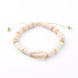 Bracelets de perles tressées en fil de nylon ajustable, avec cauris naturel, perles heishi en pâte polymère et perles en laiton, or